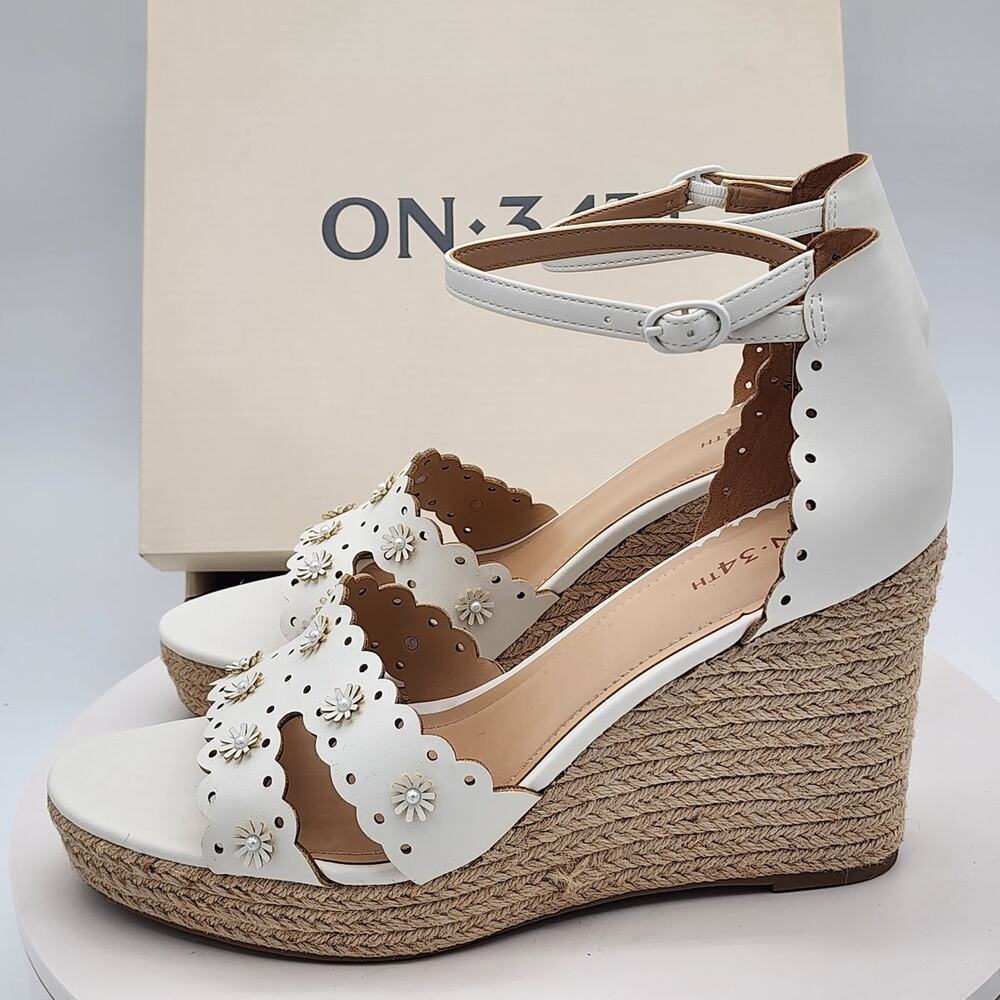 NEW - On 34th Theodore EP White Linen Floral Espadrille Wedge Sandals Size 8.5 M - Picture 7 of 10
